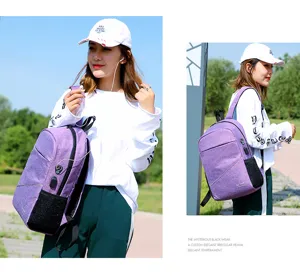 Casual purple travel backpack with USB charging port for women, large capacity laptop bag.