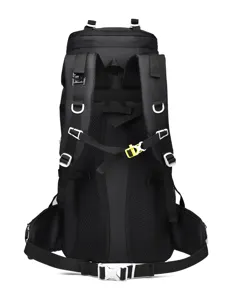 Back view of a large capacity black hiking backpack with breathable mesh padding.