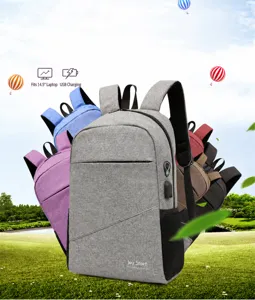 Casual laptop backpack detail showcasing multi-color stacked design with convenient USB port.