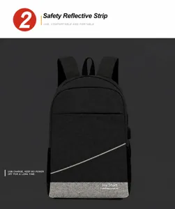 Unisex large capacity laptop backpack with USB charging port and safety reflective stripe.