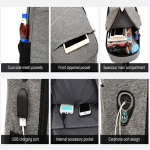 Multifunctional grey backpack with USB charging port, headphone jack and multiple storage pockets.