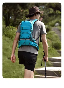 Outdoor sports backpack detail view showing waterproof fabric and elastic cord system.