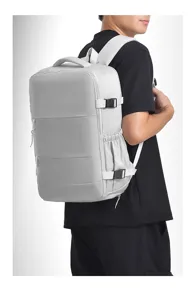 Detail view of large capacity casual grey travel backpack with multi-functional storage design.