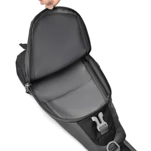 Men's stylish black nylon sling chest bag, portable outdoor sports cycling shoulder daypack.