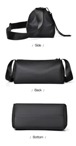 Vue détaillée du sac bandoulière cylindrique noir, montrant le côté, le dos et le fond.