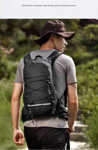 Outdoor sports backpack detail view showing breathable mesh and durable waterproof fabric build.