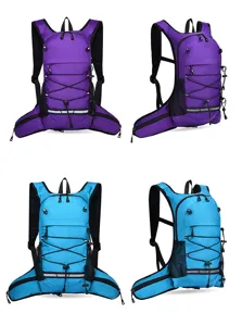 Outdoor sports backpack detail view showing elastic cord, mesh pockets and waterproof fabric.