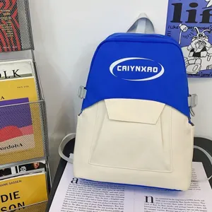 Stylish blue and white campus casual backpack for men and women, trendy student school bag.