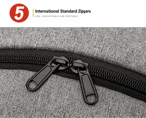 Grey backpack detail featuring durable dual metal zippers and premium fabric construction.