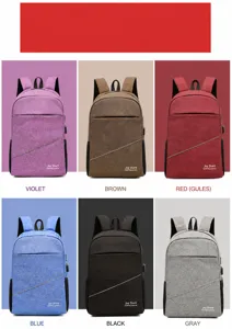 Casual multi-color travel backpack with USB port and multiple pockets for daily commute.
