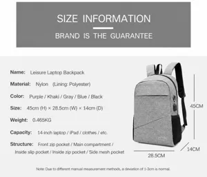 Casual laptop backpack details, large capacity travel school bag for men and women, gray.