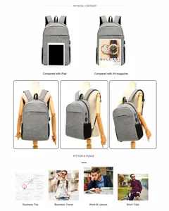 Grey business casual backpack with USB charging port, large capacity travel laptop school bag.