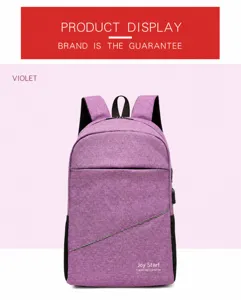 Casual purple travel backpack with USB port, large capacity school bag for men and women.