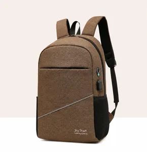 Casual travel backpack detail view, featuring durable fabric, USB port and mesh side pockets.