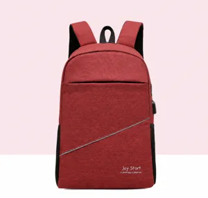 Large capacity casual backpack for travel and school with USB charging port and red color.