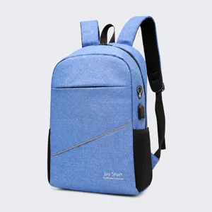 Blue travel laptop backpack with USB port, reflective strip and mesh side pockets detail.
