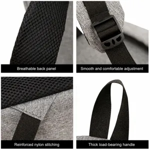 Close-up detail of grey backpack showing breathable mesh strap and durable stitching.