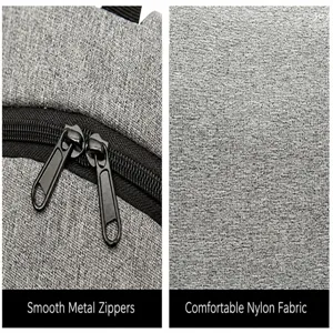 Grey backpack detail showing smooth metal zippers and durable comfortable nylon fabric texture.