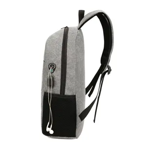 Casual grey travel backpack with USB port and mesh side pockets for daily school and office use.