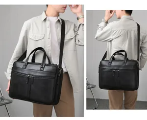 Men's black leather business briefcase, commuter computer shoulder bag with multi compartments.
