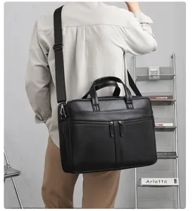 Men business leather briefcase laptop messenger bag for daily commuting and office work.