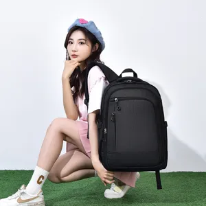 Detailed view of the black grid business computer backpack, casual outdoor large capacity bag.