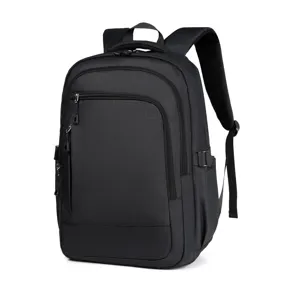 Detailed view of black business casual backpack, multi-compartment design with durable zippers.