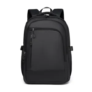 Black business commuter backpack with grid pattern, multi-pocket large capacity laptop bag.