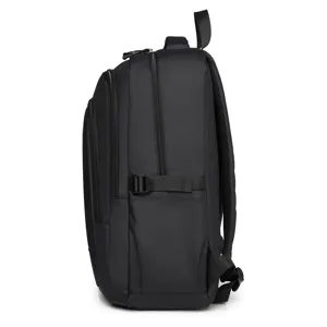 Side detail view of a black business commuter laptop backpack with multi zippers.
