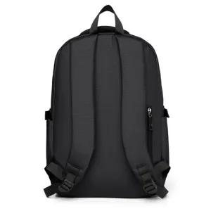 Detailed view of the black grid backpack showing back straps, top handle, and side zipper.