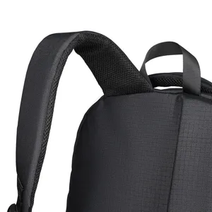 Black backpack detail with breathable mesh shoulder straps and durable top handle for daily use.