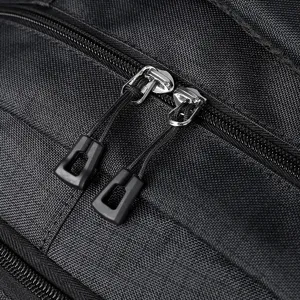 Close-up detail of black backpack zipper with durable fabric and metal pullers for daily commute.