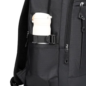Backpack side pocket detail showing water bottle holder, durable black fabric, sturdy buckle.