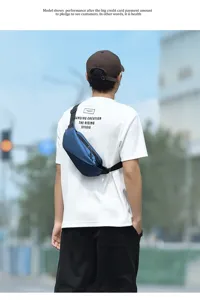 Mens casual blue sling chest bag, minimalist waterproof crossbody bag for outdoor daily travel.