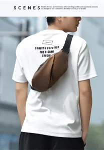 Men stylish brown chest bag, trendy sling messenger bag for outdoor travel and daily use.