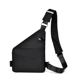 Black waterproof triangle crossbody bag, detail view of casual chest pack with strap and zipper.