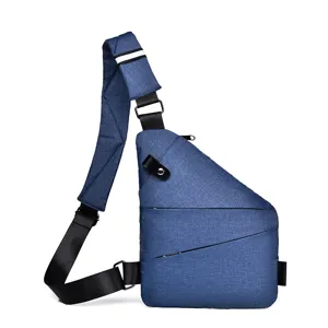Blue minimalist cross-body sling bag, waterproof fabric and adjustable strap for outdoor use.