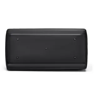 Detailed bottom view of black fitness travel duffel bag featuring durable metal protective feet.