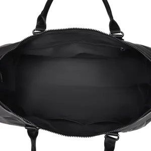 Detailed top view showing the spacious interior, sturdy zippers and handles of the black gym bag.