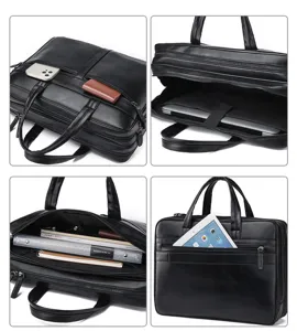 Detailed view of black leather business briefcase showing multi-layer compartments and storage.