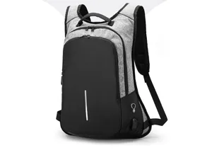 Business anti-theft backpack with USB charging port for men, casual grey travel bag.