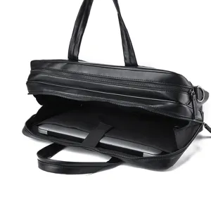 Men's black business briefcase leather laptop bag, open view showing multi-layer compartments.
