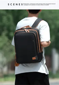 Travel business backpack detail showing black and brown leather contrast, large capacity design.