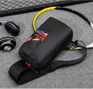 Detailed view of black men's casual chest bag with colorful leaf print, single shoulder strap.