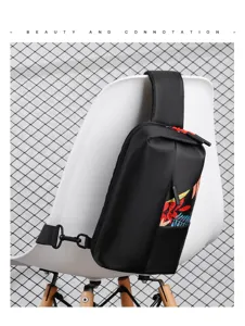 Men's casual black sling chest bag with colorful leaf print, stylish daypack for outdoor.