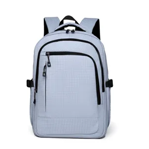 Light blue grid backpack, stylish business laptop bag for daily commute and outdoor.