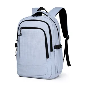 Close-up details of the durable gridded backpack showing smooth black zippers and strong straps.