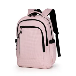 Pink plaid backpack for women and men, stylish casual daypack with large capacity storage.