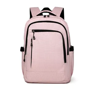 Pink plaid backpack for commuting and travel, large capacity casual daypack with multiple pockets.