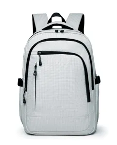 Detail view of the white checkered casual backpack with durable zippers and straps.